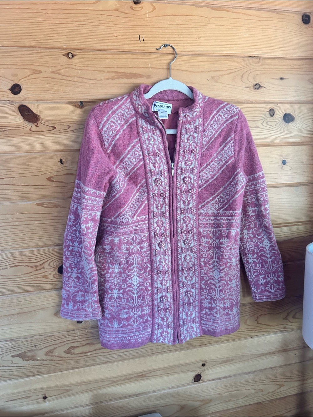 Pendleton Pink and Cream Fair Isle Zip-Front Wool Cardigan